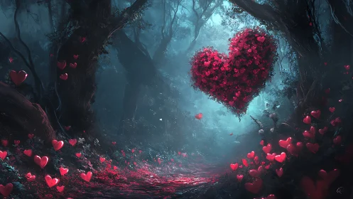 Heart-Shaped Luminescence in Dark Forest Sanctuary.