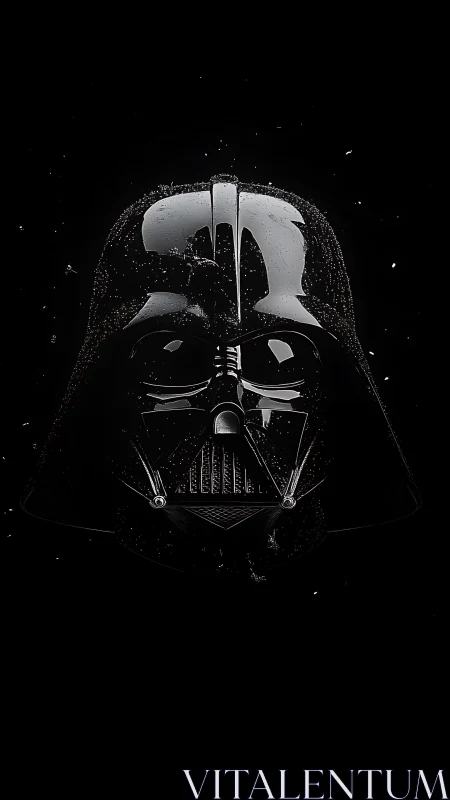 Black sci fi helmet front view on dark background.