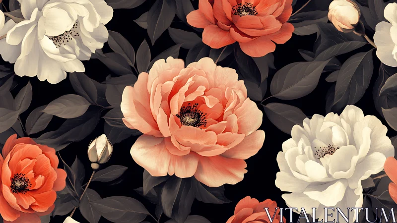 Luminous Garden Dance: Peonies Bloom Against Midnight Velvet