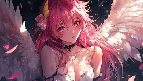 Pink haired winged girl looks forward in soft dramatic light