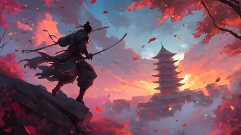 Lone samurai surveys distant pagoda at blazing sunset sky