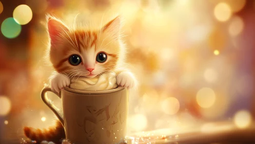 Kitten in Coffee Cup - Warm Illustration.