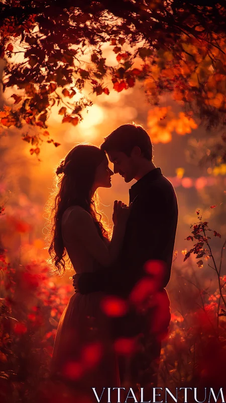 Silhouettes embrace beneath autumn's golden glow.