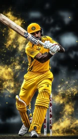 Golden-clad cricket striker carves light through smoky night