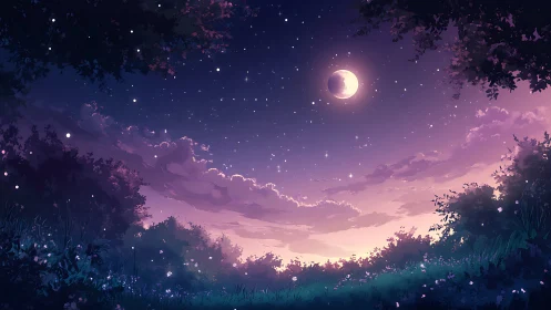 Moonlit meadow beneath violet twilight sky panorama.