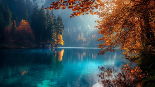 Tranquil turquoise lake embraced by glowing autumn forest.