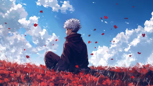 White haired figure seated in red field under sky.