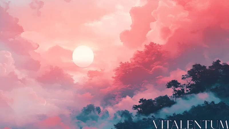 Radiant atmospheric sun over misty forest in graded pink clouds