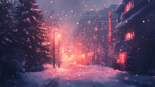 Snow-laden urban avenue under volumetric neon luminance.