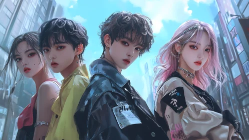 Urban-styled anime quartet poses under bright city skies.