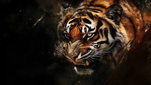 Snarling tiger portrait over dark abstract splatter field.