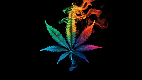 Multicolor cannabis leaf silhouette with rising smoke plume.