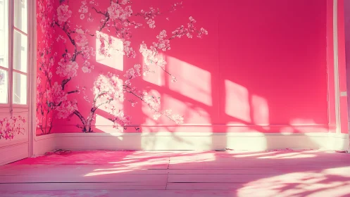 Sunlit pink room frames delicate cherry blossom wall art