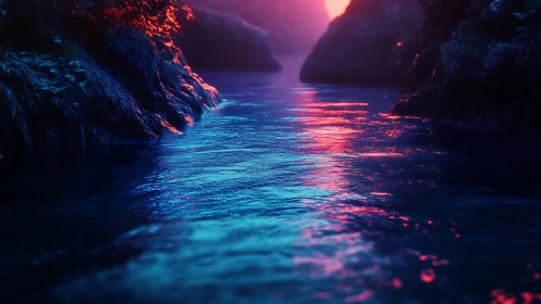 Neon dusk river slips between shadowed cliffs and glows