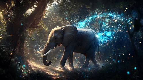 Majestic elephant crossing enchanted forest with cyan magic.