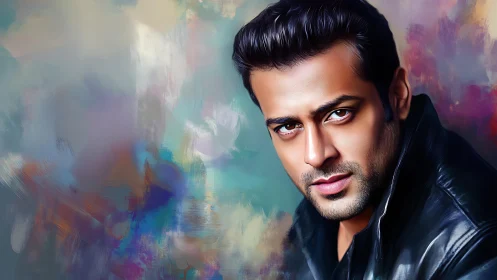 Digital portrait with hyperreal male face and chromatic blur background.