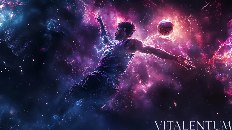 Cosmic basketball dunker soaring through neon galaxy clouds.