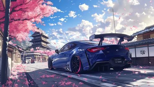 Blue sports car under cherry blossoms in old Japan.