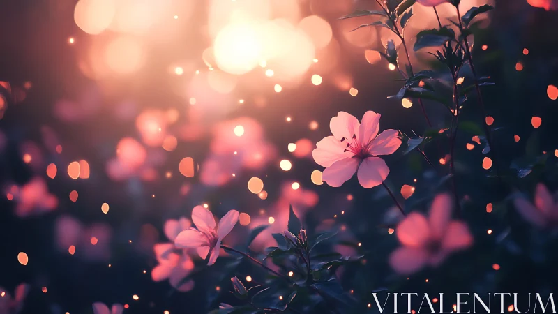 Pink Petals Dance Through Twilight's Glowing Bokeh Dreamscape