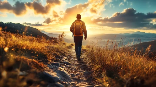 Backpacker walks sunlit mountain ridge at golden hour.
