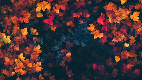 Autumn maple leaves frame textured midnight blue void