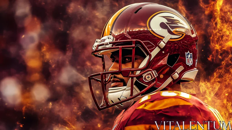 Gridiron player in red helmet stands against blazing bokeh flames