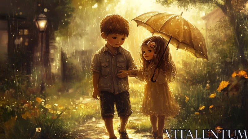 Children Under Golden Umbrella in Rain-Saturated Luminescent Environment.