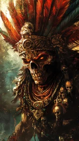 Skull warlord shaman in fiery feathered jungle regalia.