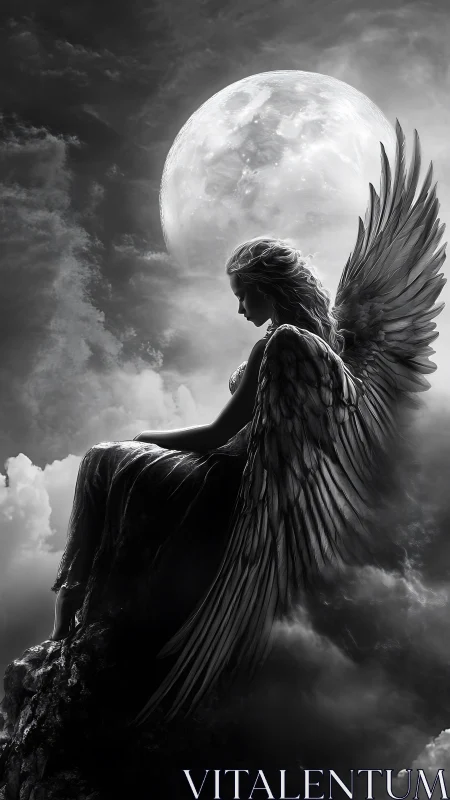 Winged female figure seated before full moon in clouds.