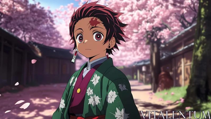 Anime character stands on tree-lined street under blossoms