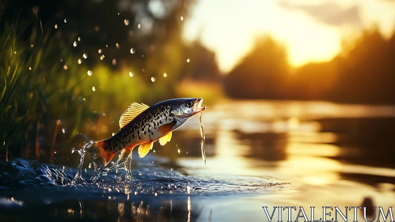 Sunlit river acrobat: leaping fish chasing evening shimmer.