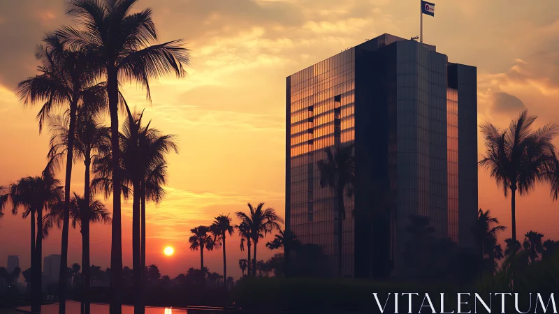 Glass office tower glows in tropical sunset skyline scene.