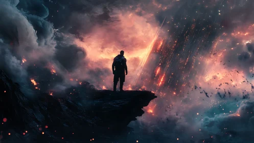 Silhouetted figure observes illuminated atmospheric anomaly