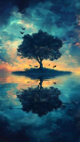 Solitary tree reflects over still water beneath vibrant sky
