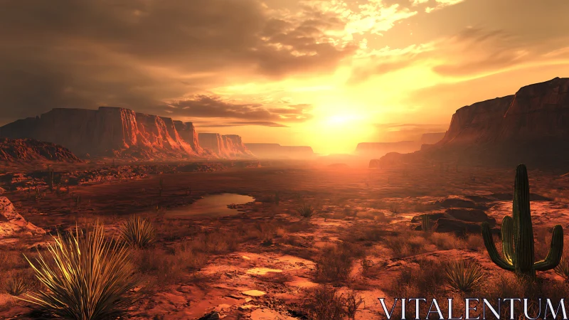 Sunset over red rock desert canyon with cacti and mesas.