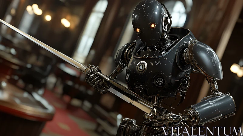 Sword-wielding combat robot in polished vintage interior.
