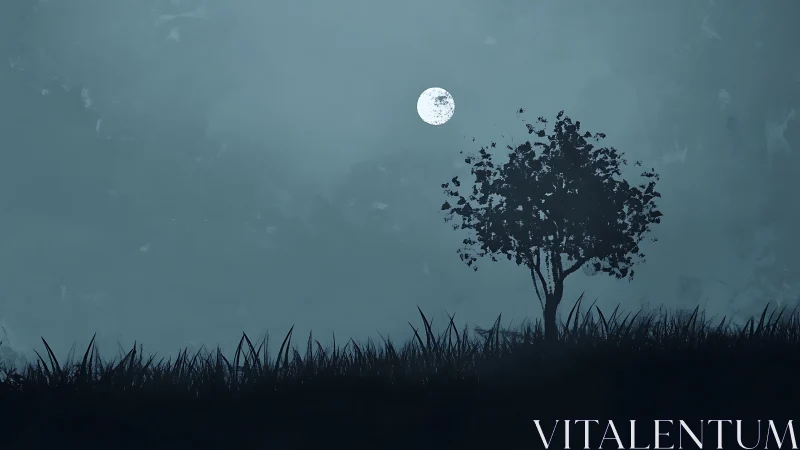 Solitary tree silhouette under full moon in blue haze.