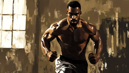 Muscular athlete in warehouse setting under dramatic lighting.