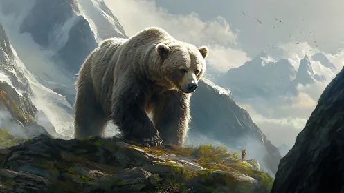 Gigantic alpine grizzly bear surveying misted glacial pass.