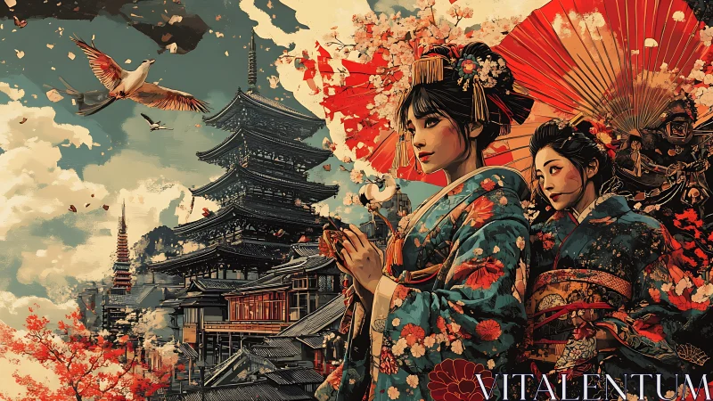 Crimson parasols cradle Kyoto dreams in blooming twilight