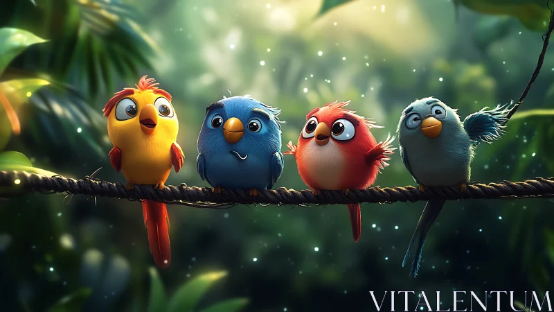 Four adorable cartoon birds on a rope in a vibrant jungle scene.