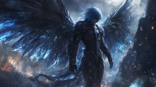 Armored winged entity framed by luminous blue particle plumes