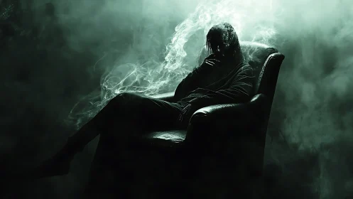 Silhouetted figure in leather armchair shrouded in green smoke