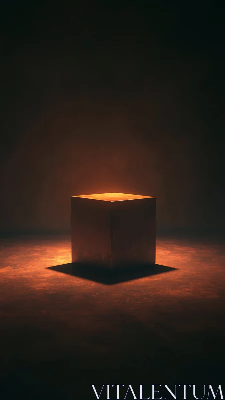 Glowing cube stands centered on dark floor, emitting warm light