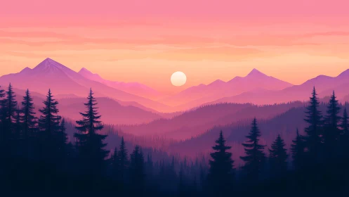 Layered conifer forest and mountains at pastel sunset.