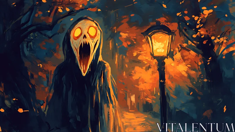 Spectral wraith under sodium lamp in expressionist forest dusk.