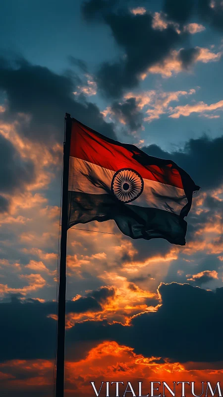 Indian national flag is photographed against dense sunset clouds