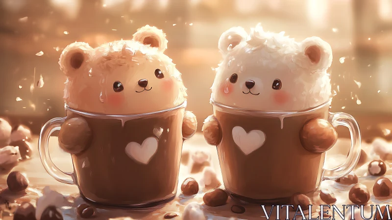 Digital painting of kawaii bear latte art in heart mugs.