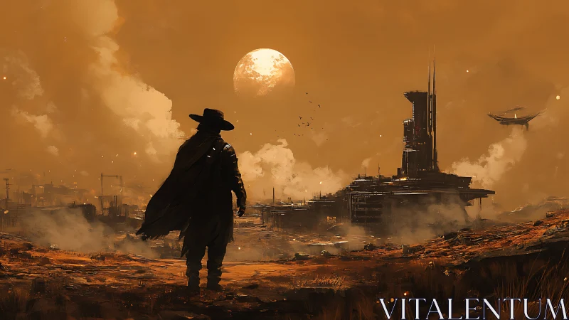 Digital painting of lone wasteland ranger and smoggy megastructure.