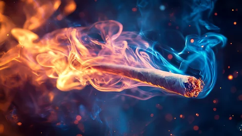 Burning joint surrounded by vivid blue and orange smoke.